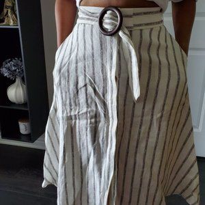 Sacoor Brothers Linen Flared mid length skirt with Brown buckle & 2 pockets